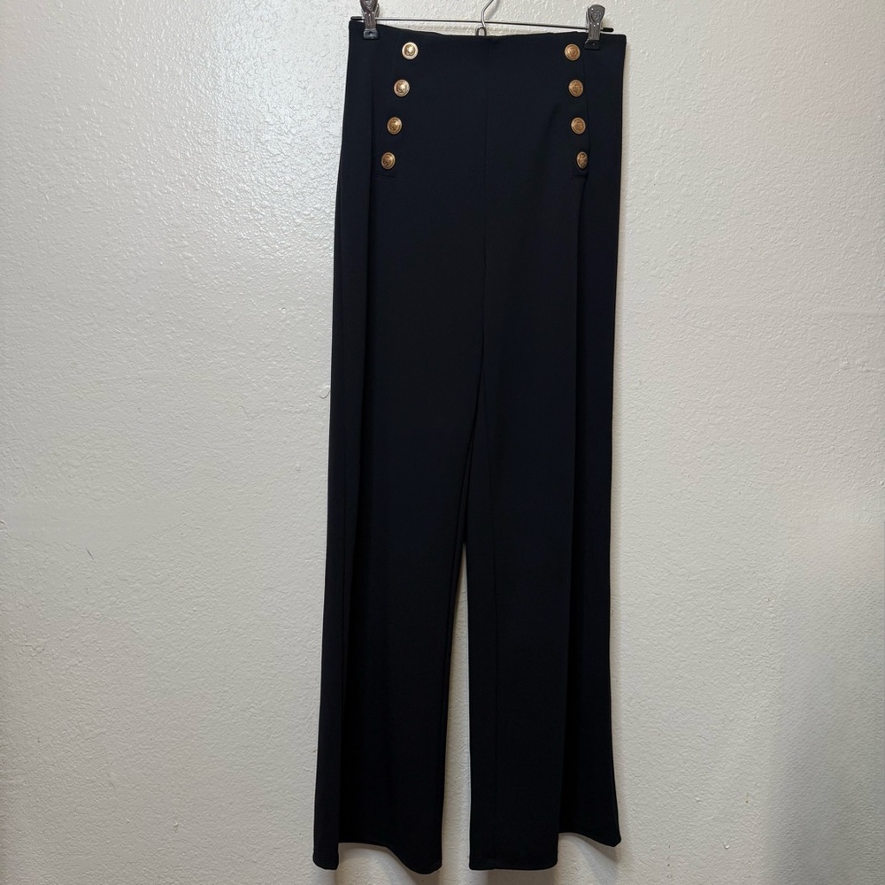 H&M Wide Leg Sailor Trouser Flank Gold Buttons Elastic Waist Pull On Size Small